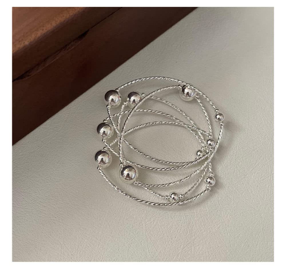 LYGXWJFC Bracciale in Argento Sterling, Bracciale in Argento Sterling S925 Multistrato Avvolgimento Tubo Piegato Perline Rotonde Bracciale in Argento Bracciale Elastico Catena in Argento Gioielli di