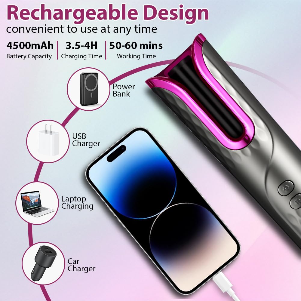 Flintronic Fer a Boucler Cheveux Automatique, Boucleur a Cheveux Sans Fil, Boucleur Céramique USB Rechargeable, avec 6 Réglages de Température & Minuteur, Anti-brûlure, pour Cheveux Longs/Courts