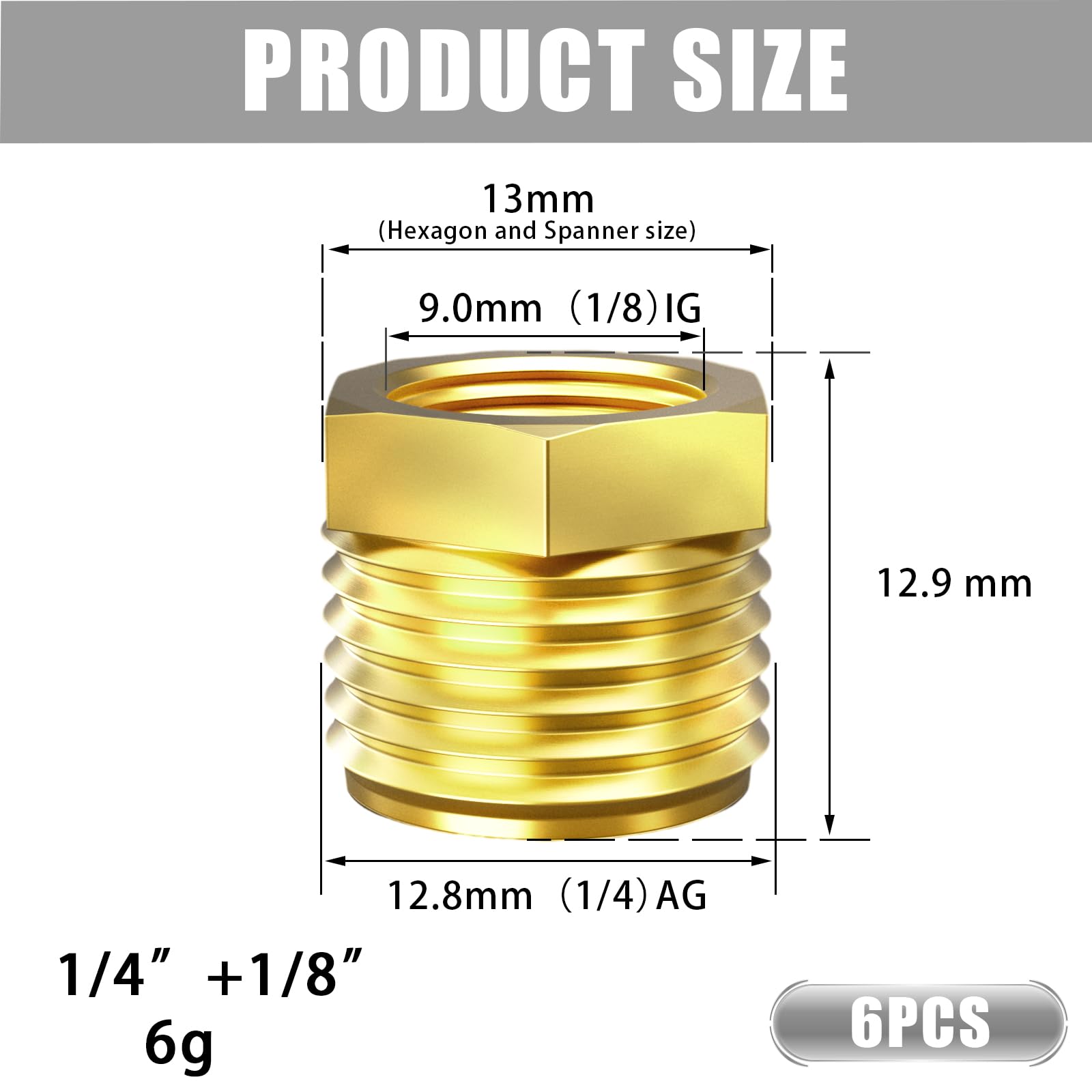 Aitsite Riduttore da 1/8 a 1/4 pollici in ottone, riduzione filettata con esagonale, filettatura esterna da 1/4" x filettatura interna da 1/8", raccordo in ottone per collegamento tubo (6 pezzi)