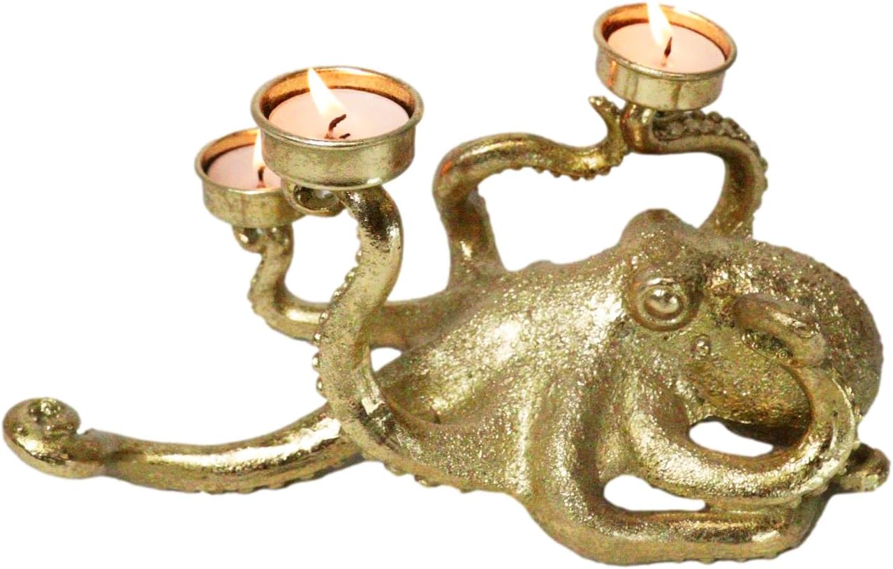 Ebros Contemporary Metallic Finish Deep Ocean Octopus Tentacles Triple Votive Candle Holder Statue 10.5" L Kraken Sea Monster Cthulhu Candleholder Decorative Sculpture (Gold Tone)