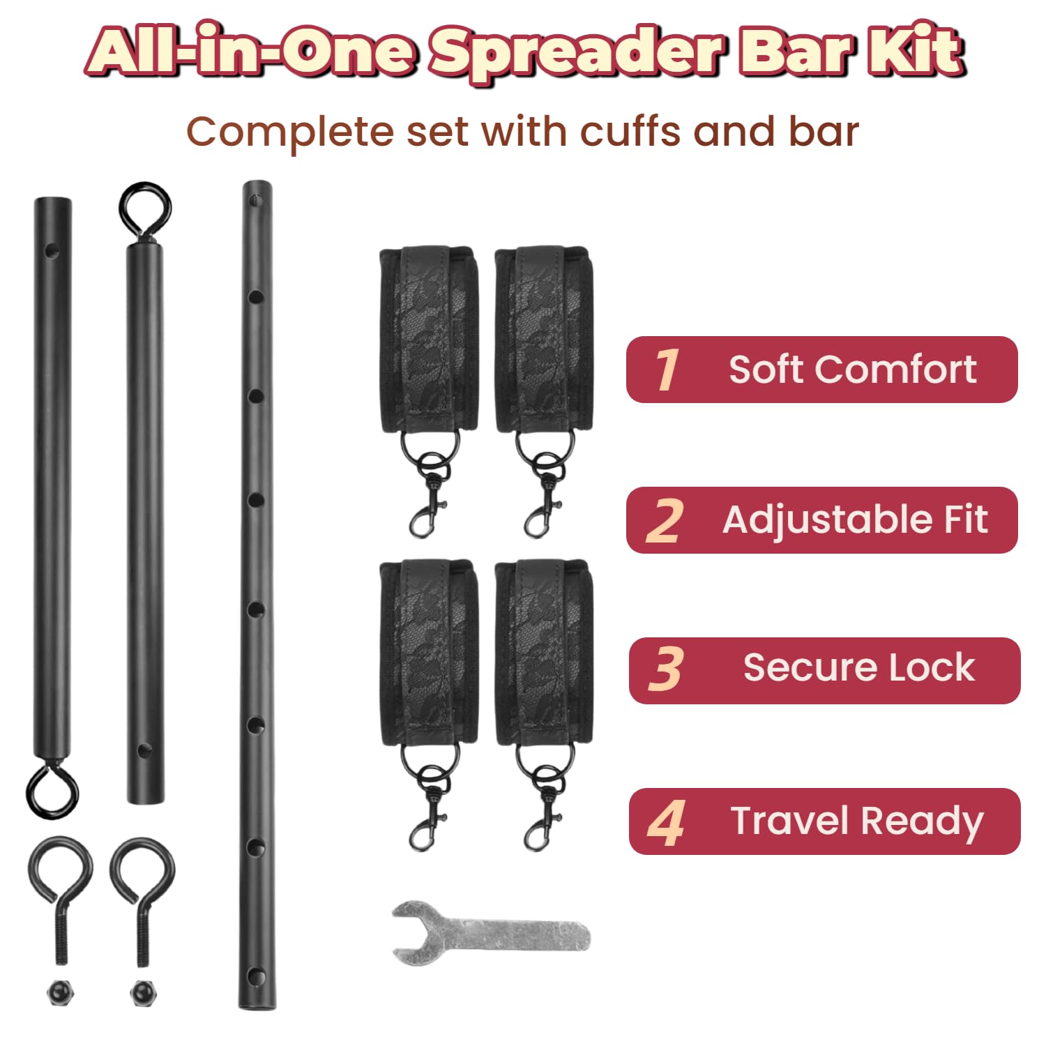 Spreader Bar Sex Toys BDSM Bondage Restraints with Handcuffs Ankle Cuffs for Couples Adults SM Games Adjustable 22-36 Inch: Black