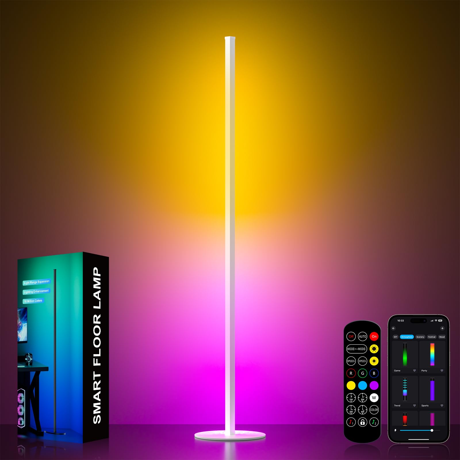 Lampada a stelo a LED per soggiorno, lampada da terra bianca con telecomando, 16 milioni di colori fai da te, luce bianca calda, sincronizzazione musicale, lampada angolare con funzione timer, lampada