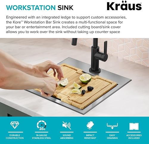 Miniatura 4 de KRAUS Kore KWT321-15 - Fregadero cuadrado de cocina o bar con estación de trabajo, 15 pulgadas, montaje empotrado, cuenco individual, de acero