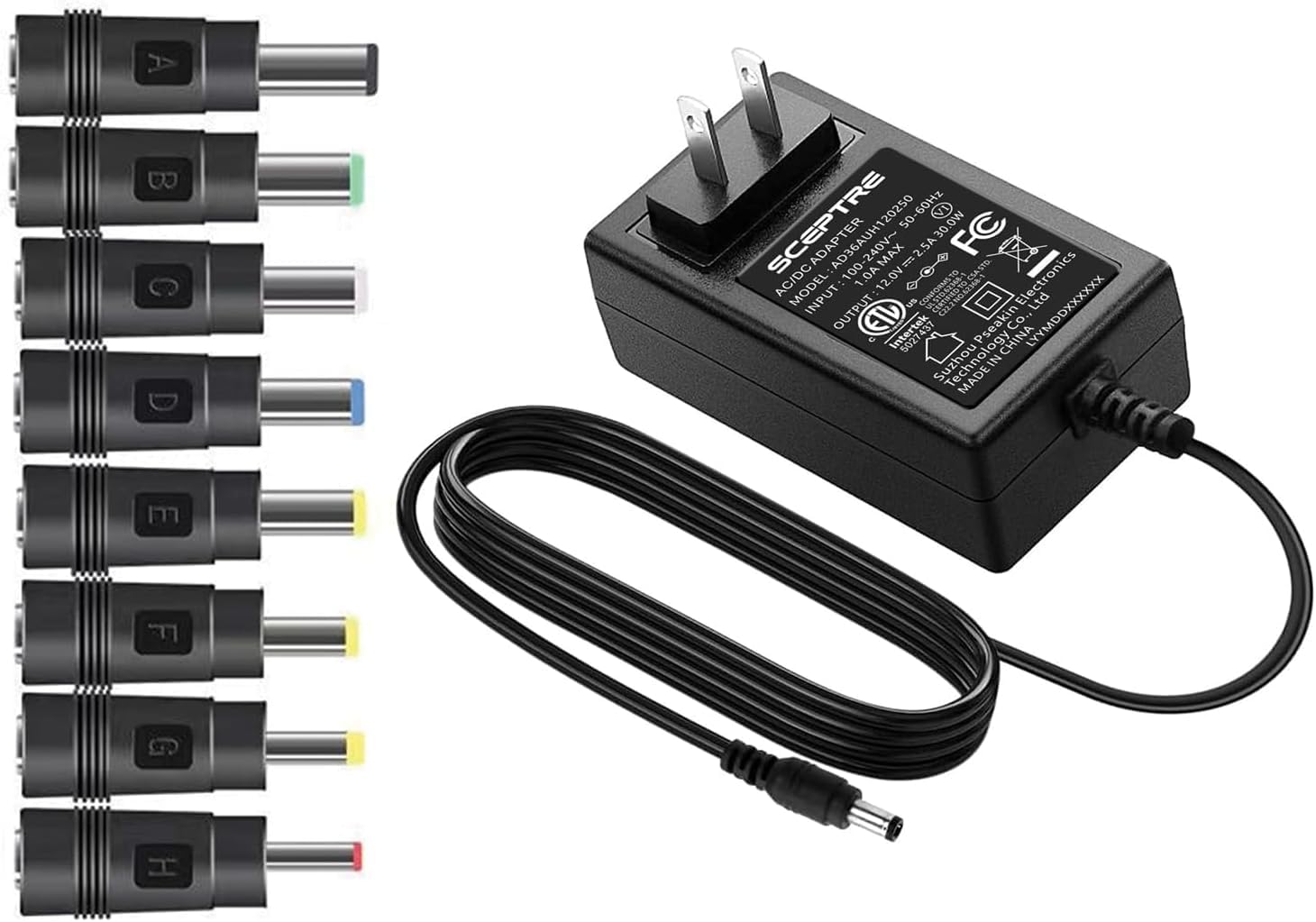 Kado AC/DC Power Adapter 12V-2.5A 2A 1.5A 1.25A 1A Power Cord 5.5x2.1mm with 8 Tips Made for Sceptre Monitor, Echo Smart Speaker & Display, Webcam, Router, Mini PC, Projector, CCTV, Bluetooth Speaker