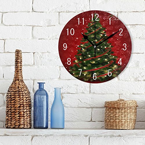 ALAZA Home Decor Christmas Tree Round Acrylic 9.5 Inch Wall Clock Non Ticking Silent Clock Art for Living Room Kitchen Bedroom