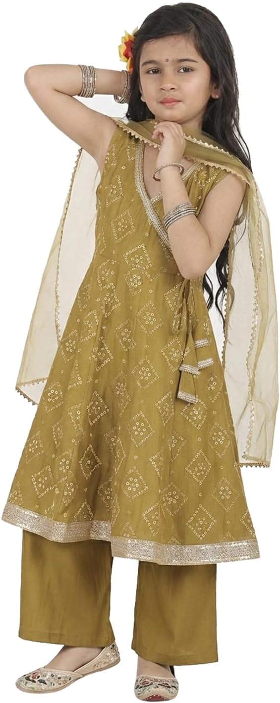 Superminis Girls Silk Blend Bandhani Print Work Sleeveless Angrakha Kurti Palazzo With Dupatta Set