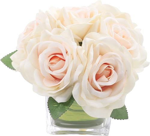 Champagne Velvet Rose Arrangement in Square Glass Vase for Wedding Décor