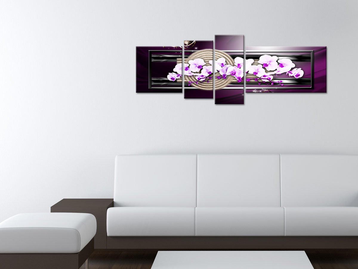 Declina, Quadro decorativo da parete per soggiorno moderno, quadro decorativo da parete, tela con orchidee decorativo, 120 x 50 cm, blu, CANVAS, Violet, 120x50 cm