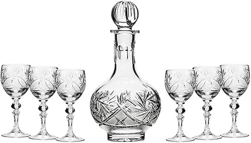 Juego de 7 decantadores de licor de cristal de corte vintage de 12 onzas con 6 vasos de jerez, jarra de vodka de cristal ruso, cristalería antigua