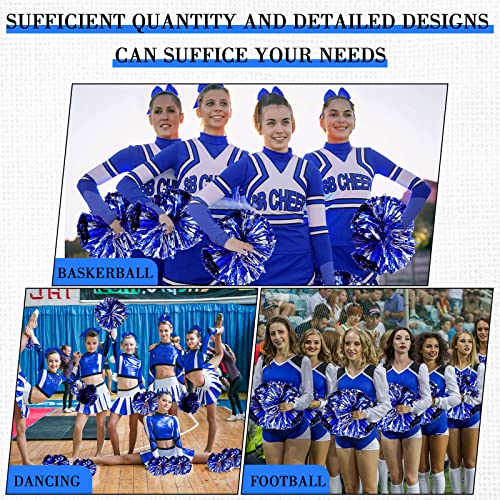 Hanaive 3 Pcs Cheerleading Pom Poms and Large Cheerleader Hair Bow Metallic Cheer Supplies for Team Spirit Sports Dance Cheering(Blue Silver Pom,Classic Style)