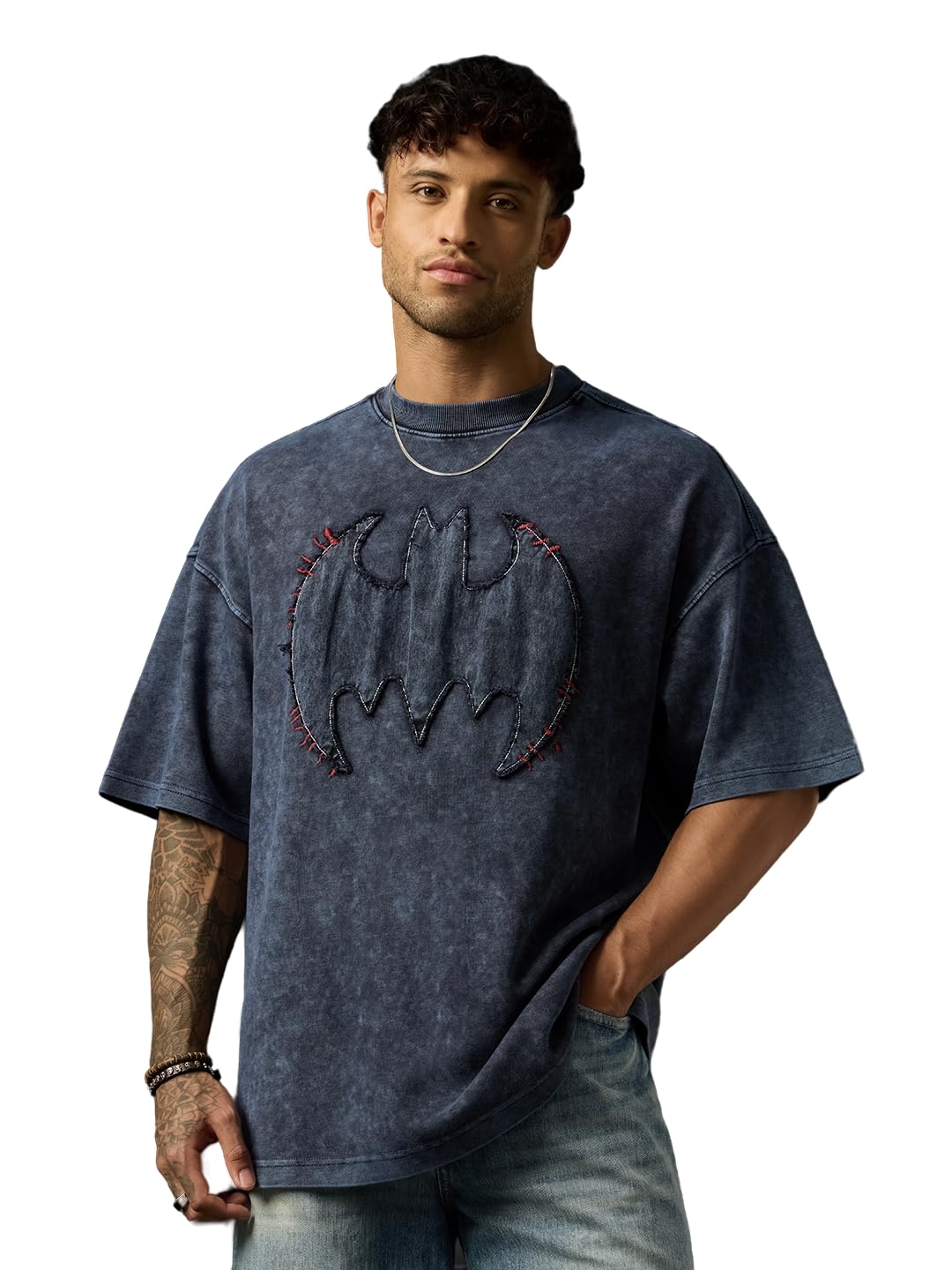 the souled store Batman: Vintage Logo Men and Boys Short Sleeves Round Neck Logo Applique Lightweight Drop Shoulder Streetwear Trendy Oversized T-Shirt-picture-31