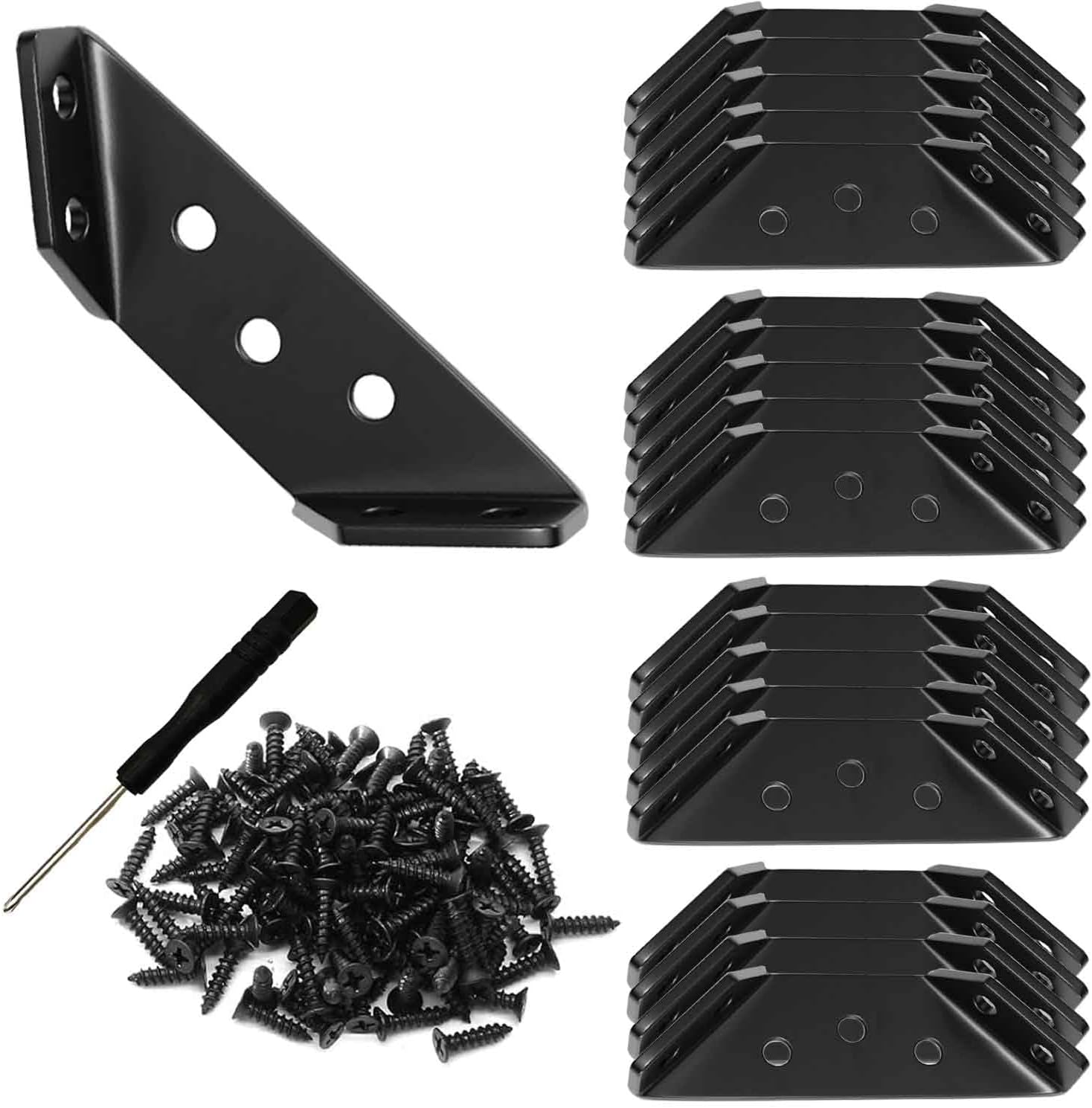 20 Pack Black Triangular Corner Connectors for Wood, Universal Furniture Brackets, Hardware Metal Corner Braces with Screws, for Wood Furniture, Desk, Chairs, Shelf, Drawers, Cabinets