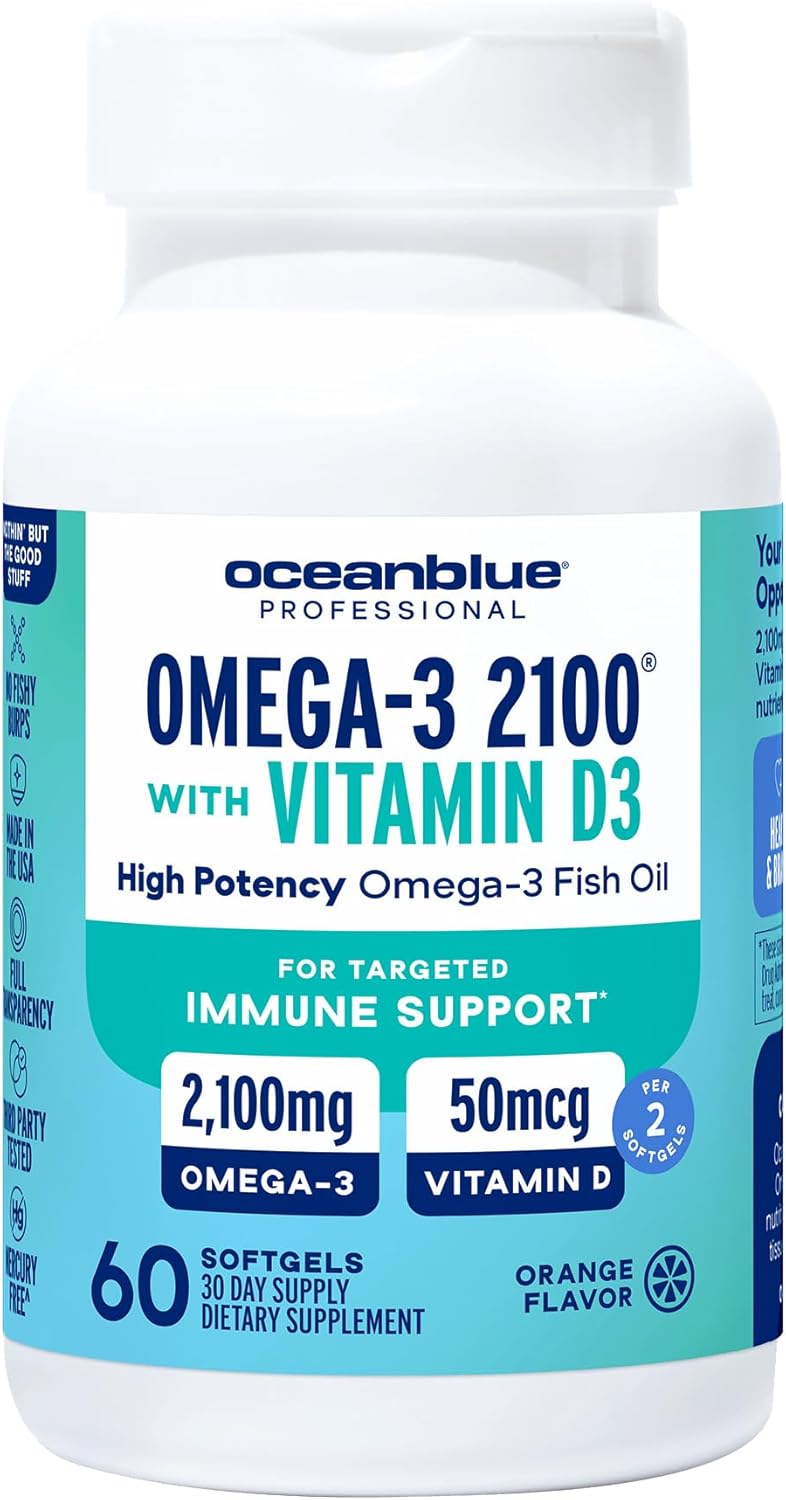 Oceanblue Professional Omega-3 2100 with Vitamin D3 – 60 ct – Triple Strength Burpless Fish Oil Supplement with High-Potency EPA, DHA, DPA and Vitamin D3 – Wild-Caught – Orange Flavor (30 Servings)