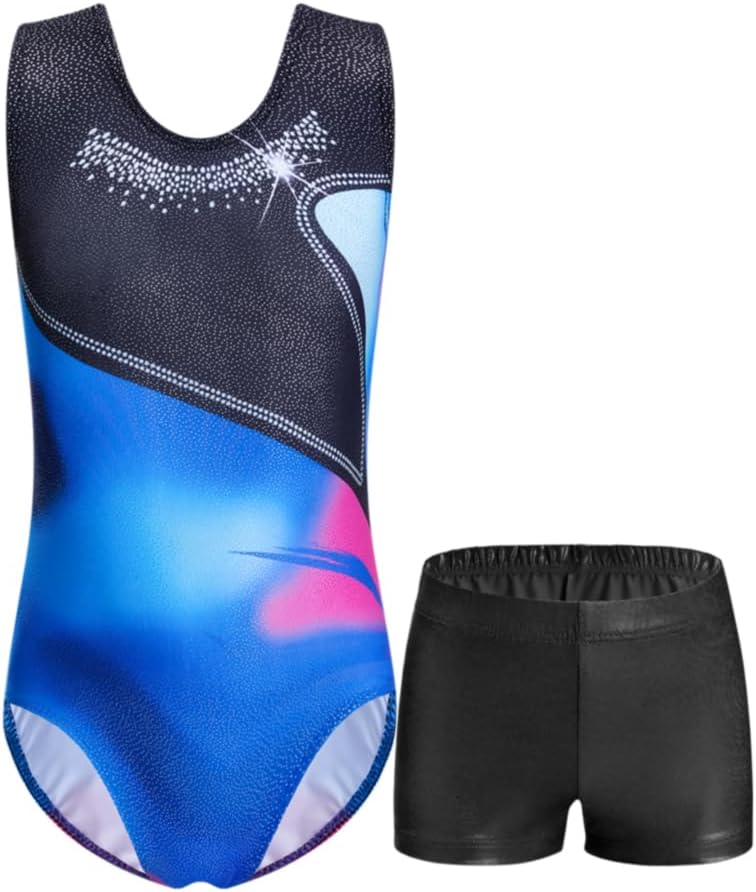 Domusgo Girls Gymnastics Leotards Set One Piece Sleeveless Tumbling Outfits with Matching Shorts Size 5-12 Years Old