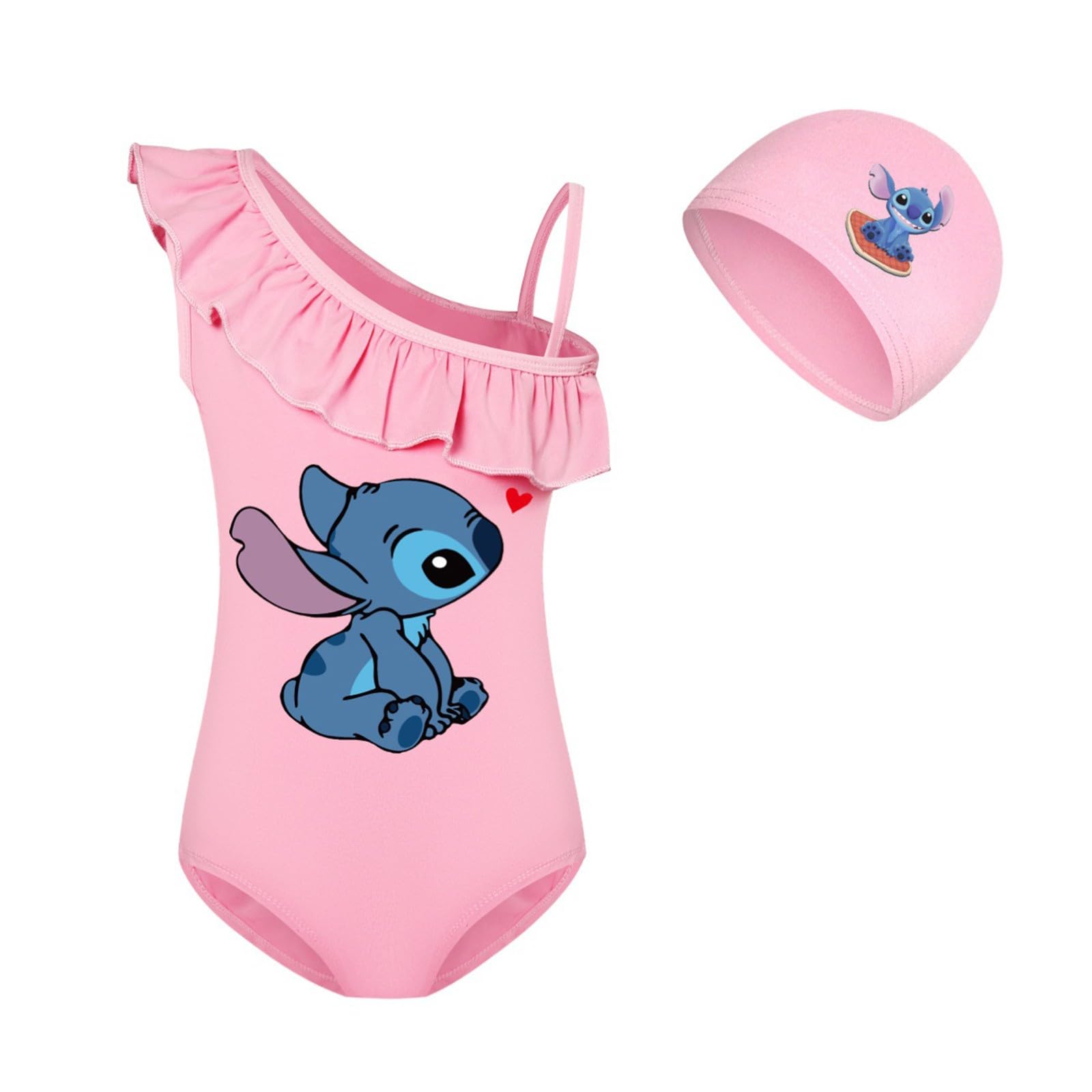 Generic Bañador de puntada para niña, motivo de Stitch y Angel de una pieza, bañador de dibujos animados, conjunto de gorro para niñas, bañador de 1 pieza ganadora para niño
