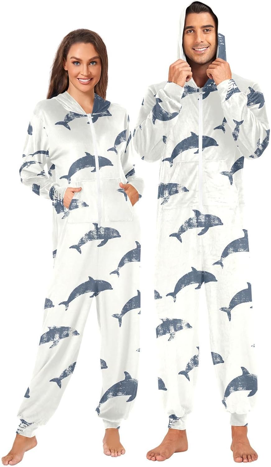 Blue Dolphin Ocean Nautical Coastal Adult Onesie Pajamas Novelty One Piece Costume Sleepwear Jumpsuits Matching PJS