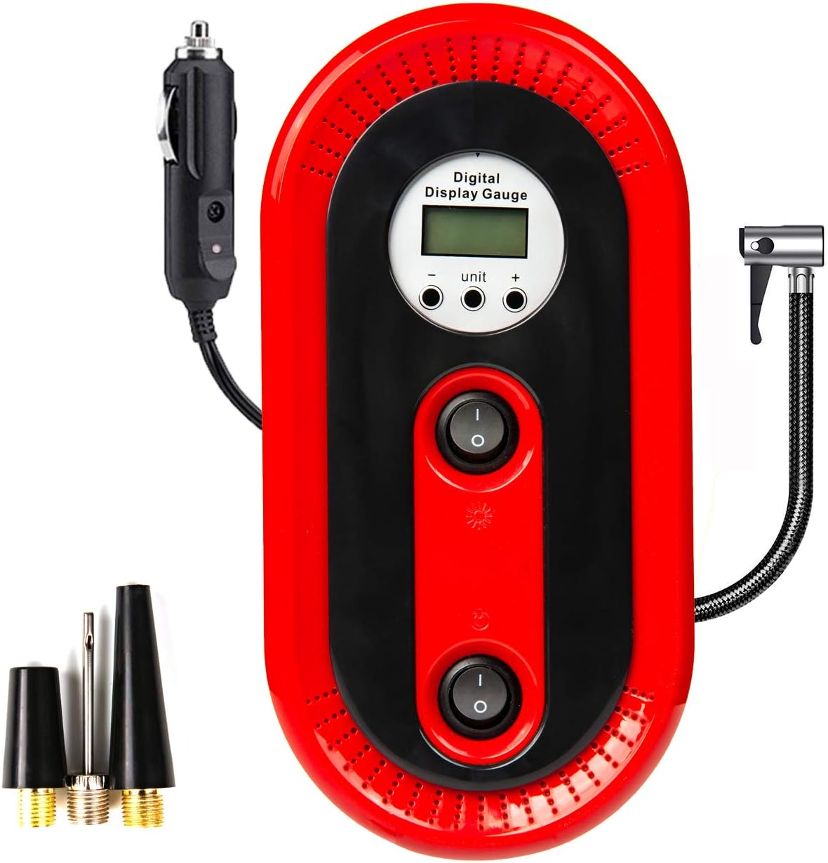 AUTOEYSD Portable Air Compressor Pump, Multi-Function Digital Display Mini Tire Inflator 12V with 3 Additional Adaptors and LED Work Lights for Car, Bicycle, Ball, Air Mattress, Rubber Boat etc, Red