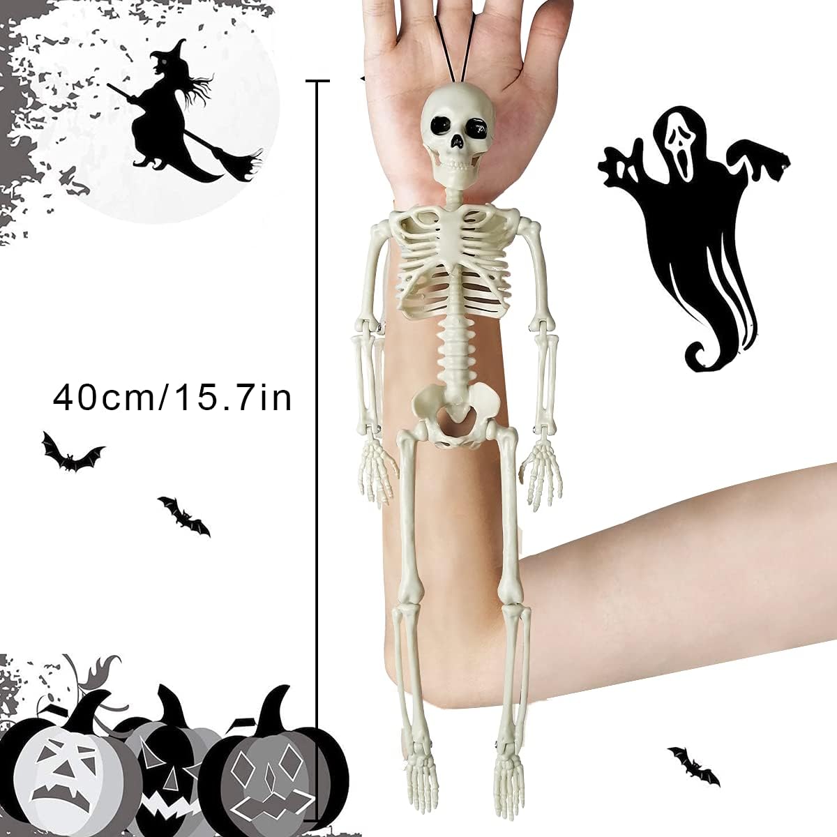 Halloween Indoor Skeletons Decorations 15'' Life Size Full Body Posable Joints Small Skeletons Halloween Decor 2 Pack image 2
