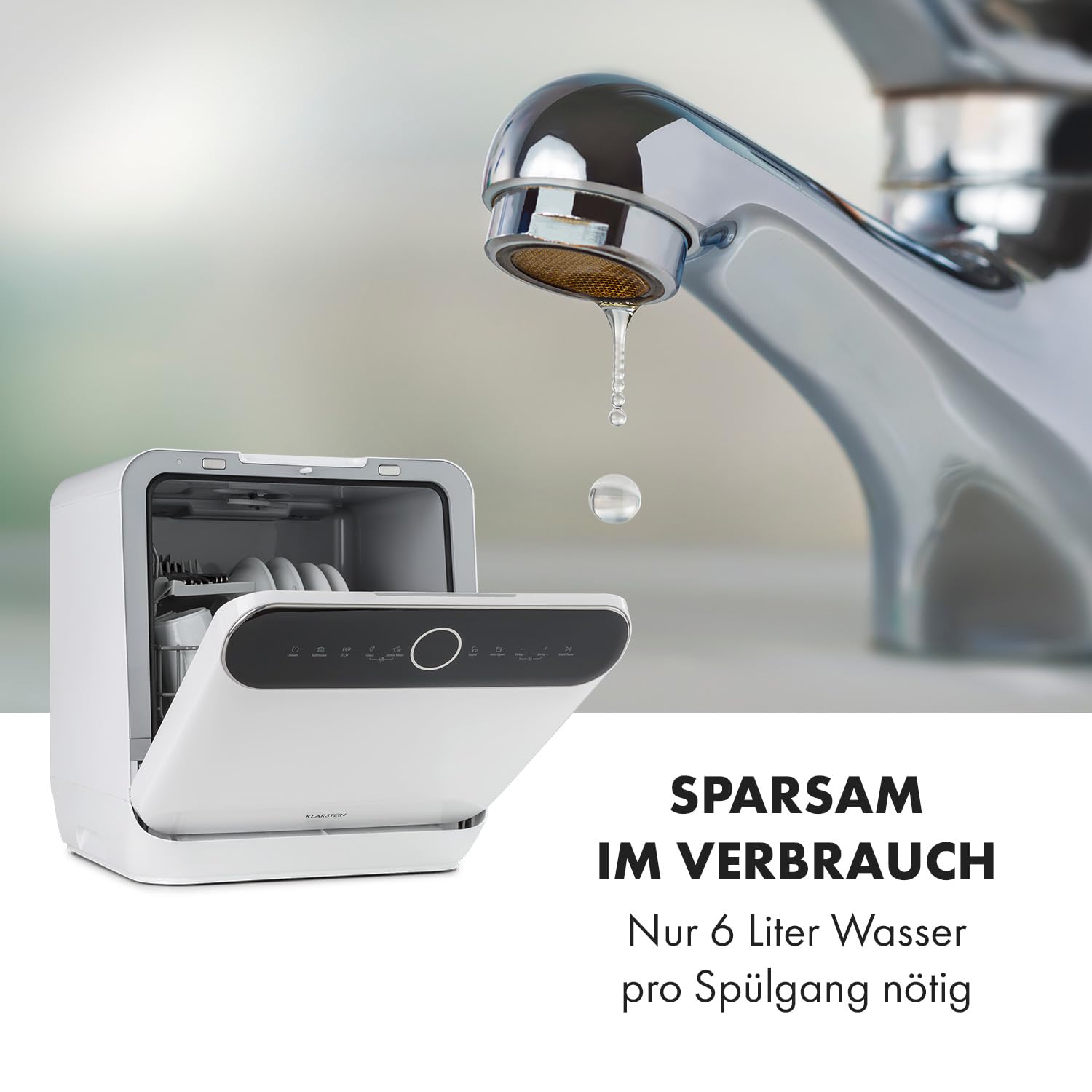 Klarstein Mini-Geschirrspüler Freistehend, 2 Maßgedecke, 6 Programme, Wassertank 6 L, Weiß