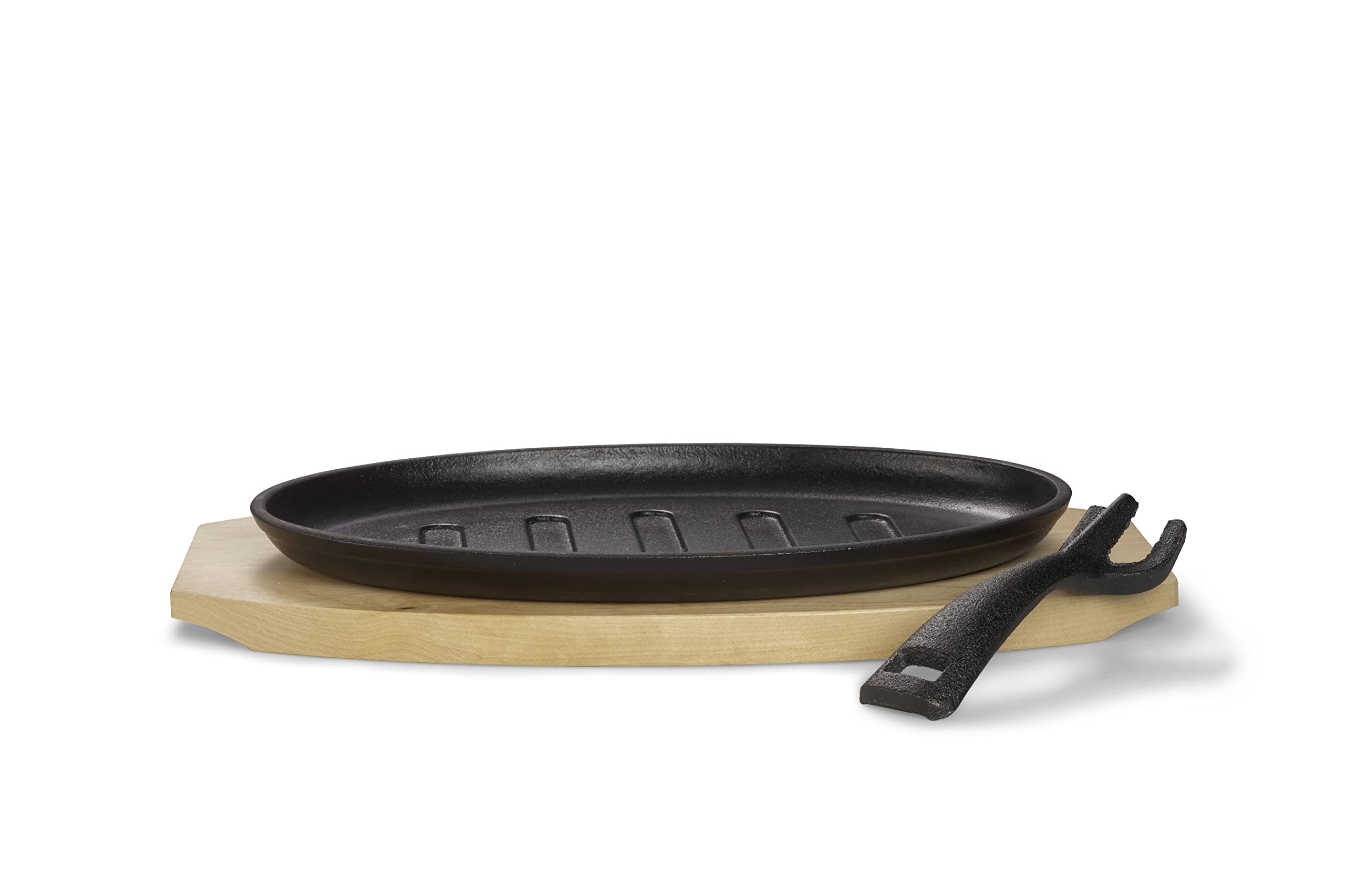 ECHTWERK Sartén para servir de hierro fundido con tiras de parrilla y tabla de servir, mango extraíble, ya horneado, apto para horno, barbacoa, barbacoa e inducción, 27 x 17,5 cm de diámetro, 4 piezas