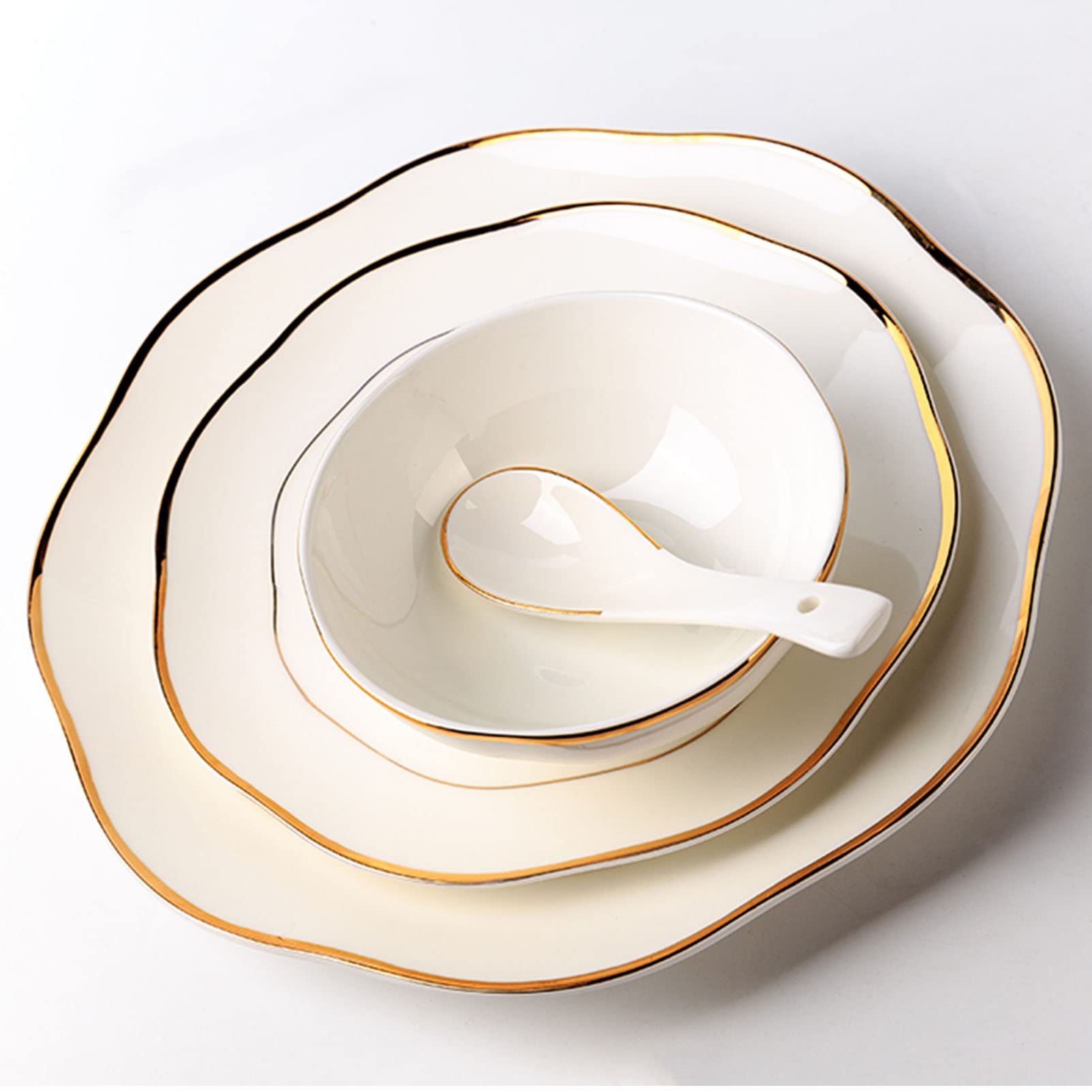 Wykwintny zestaw naczyń z porcelany kostnej dla 6 osób, kreatywny zestaw naczyń ze złotym rantem, ceramiczny zestaw naczyń dla 6 osób, biały zestaw naczyń - talerze,