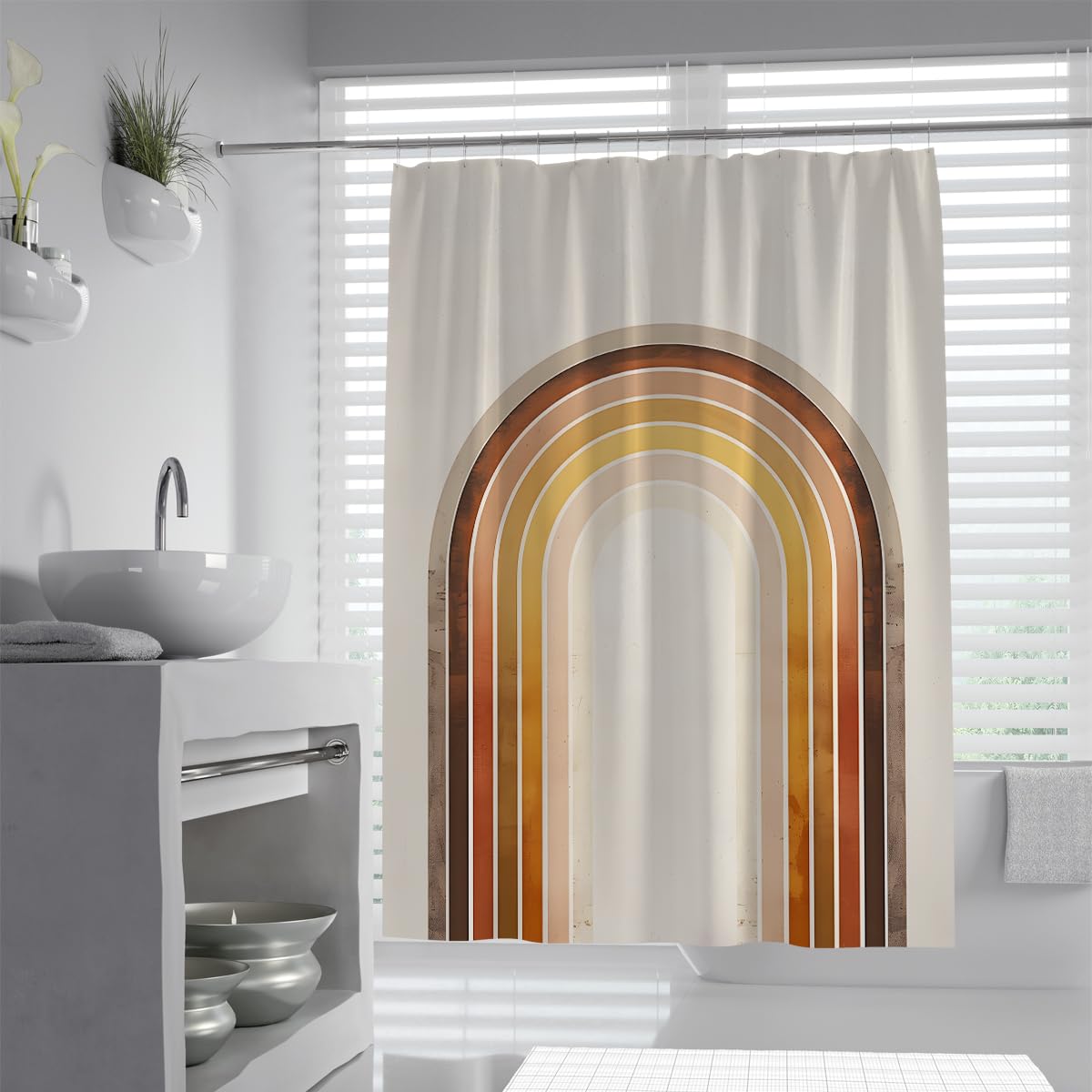 UIRINGART Brown Yellow Boho Geometric Rainbow Shower Curtains W200xL220cm Modern Minimalist Waterproof Water Repellent Walk In Shower Decor With Hook