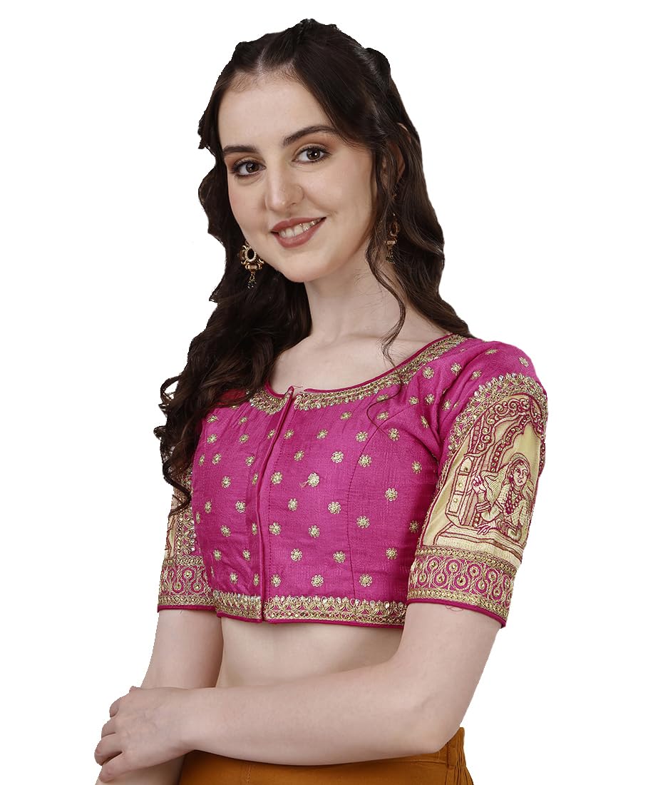 pujia mills Women's Phantom Silk Heavy Embroidery Coding With Sequins & Diamond Work Half Sleeve Fancy Cutwork Readymade Saree Blouse-picture-17