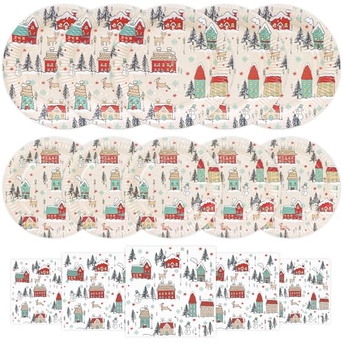 YY 150 Christmas Paper Plates and Napkins Set 9in Dinner Plates, 13in Disposable Paper Napkins, 7in Dessert Plates Christmas Village Dinnerware Party Supplies