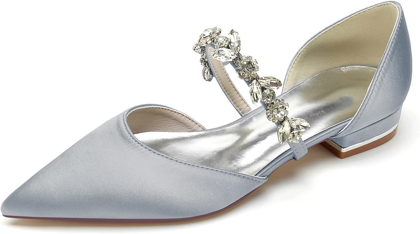 Women's Satin Wedding Flats Pointed Toe Pumps for Bride Rhinestones Bridal Shoes for Women Comfortable Evening Prom Party Dress Pumps