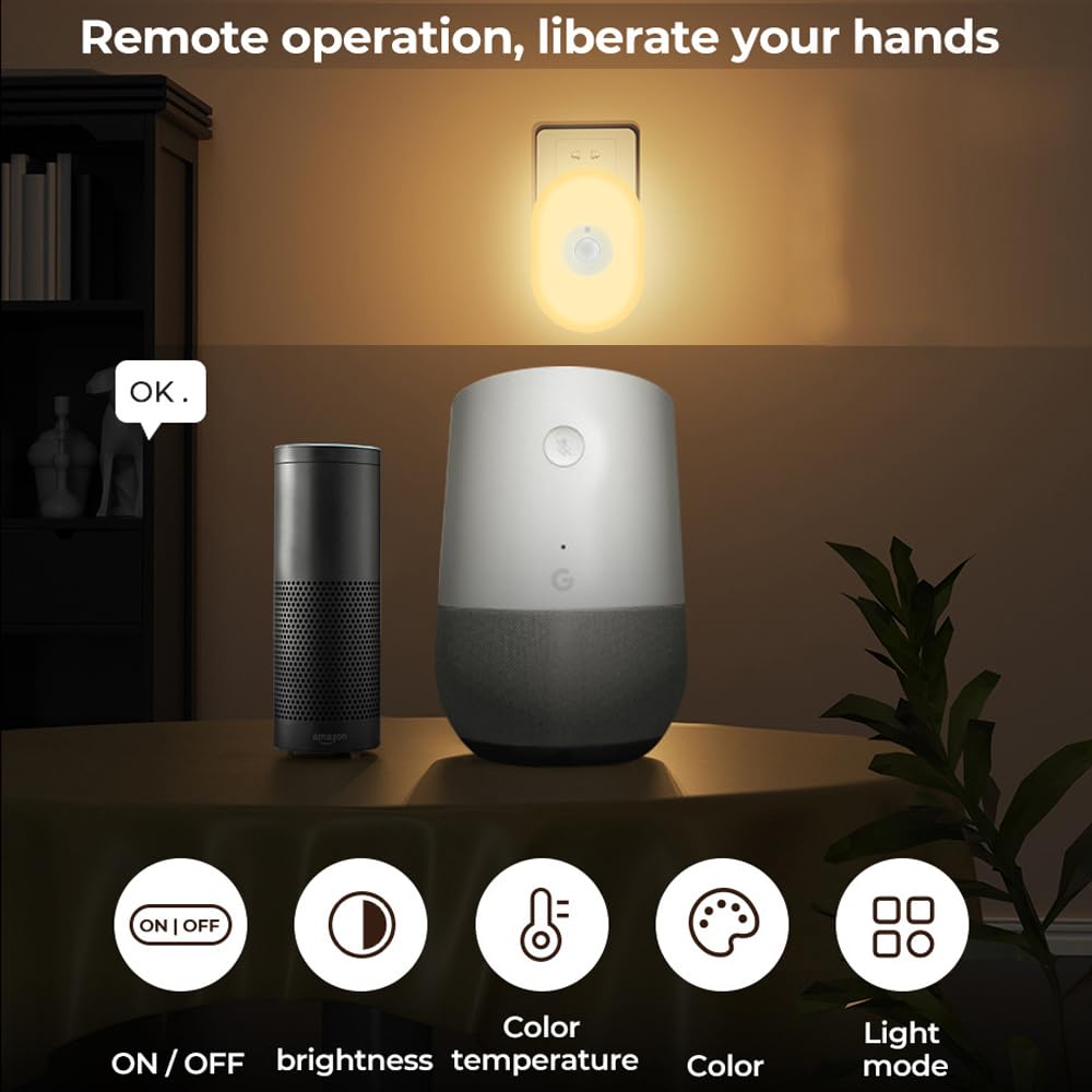 Btkigl Smart WiFi LED lampka nocna, ciepła biel RGB, timer, sterowanie głosowe, czujnik ruchu PIR, lampa ścienna, wtyczka brytyjska
