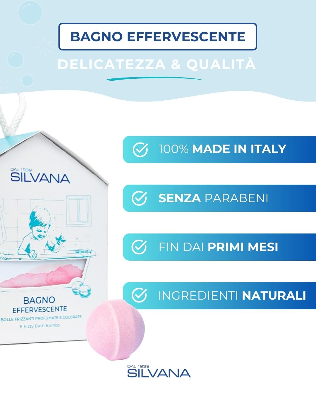 Silvana Bagno Effervescente Coccole per Bambini – Bomba da Bagno Naturale con Olio di Mandorle, Amido di Riso e Burro di Cacao – Bagnetto Rilassante e Idratante – Made in Italy
