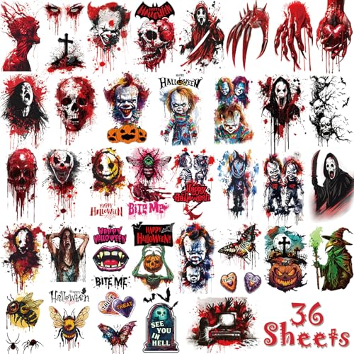 Halloween Temporary Tattoos 36 Sheets Large Realistic Tattoos for Kids & Adults Party Decoration Tattoos