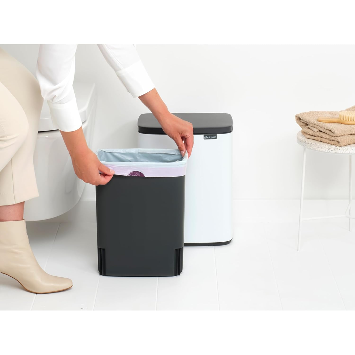 Brabantia Bo Small Lift-Open Trash Can | 3.2 Gal / 12L | White | Free Standing Bedroom, Bathroom, Nursery Trash Can, Removable Inner Bucket, Non-Slip Base | +Trash Bags