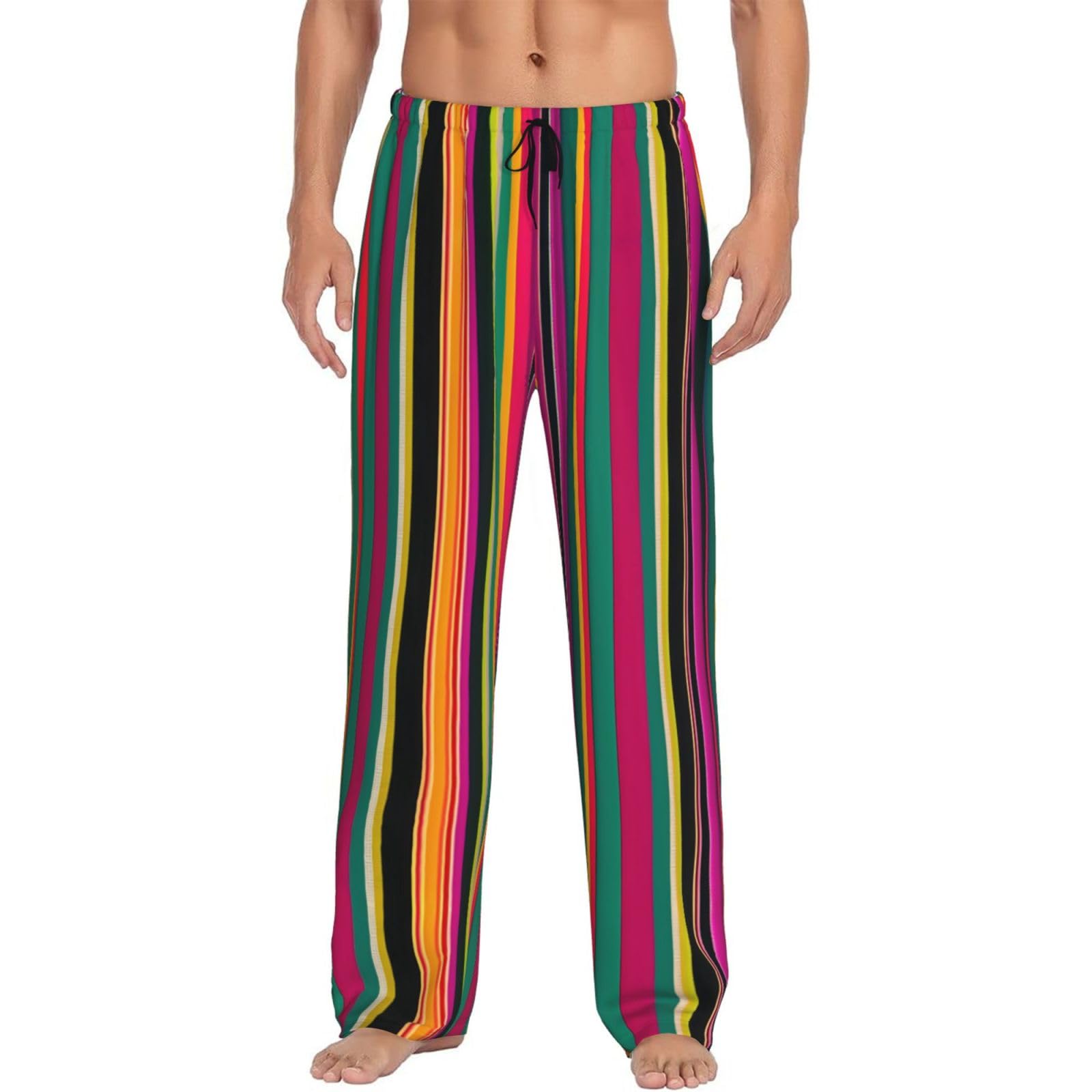 Yawea Men's Black Rainbow Colored Striped Print Pj Pajama Pants Bottoms Lounge Sleep Pants Sleepwear With Pockets Microfleece, X-Large