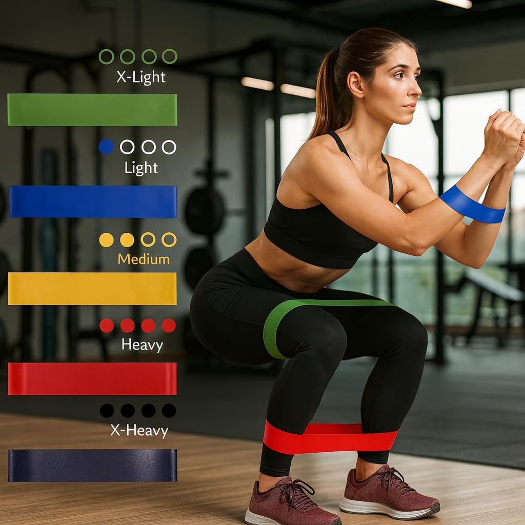 Kit 5 Mini Bands Elásticas de Resistência Premium – Faixas Fitness para Treino em Casa, Academia, Glúteos, Pernas, Pilates, Yoga, Alongamento e Cross Training – 5 Intensidades Diferentes