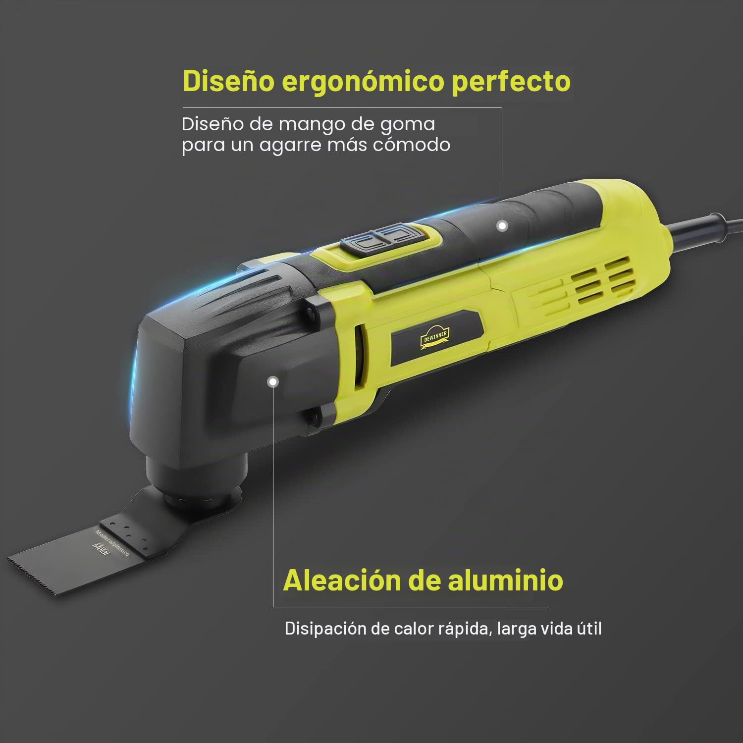 DEWINNER Herramientas Multifunción Oscilante 300W, 6 velocidades variables 0-23000 RPM multifunciones con cable,3,5° ángulo de oscilación 37 accesorios Para aserrar, raspar, cortar, moler y pulir
