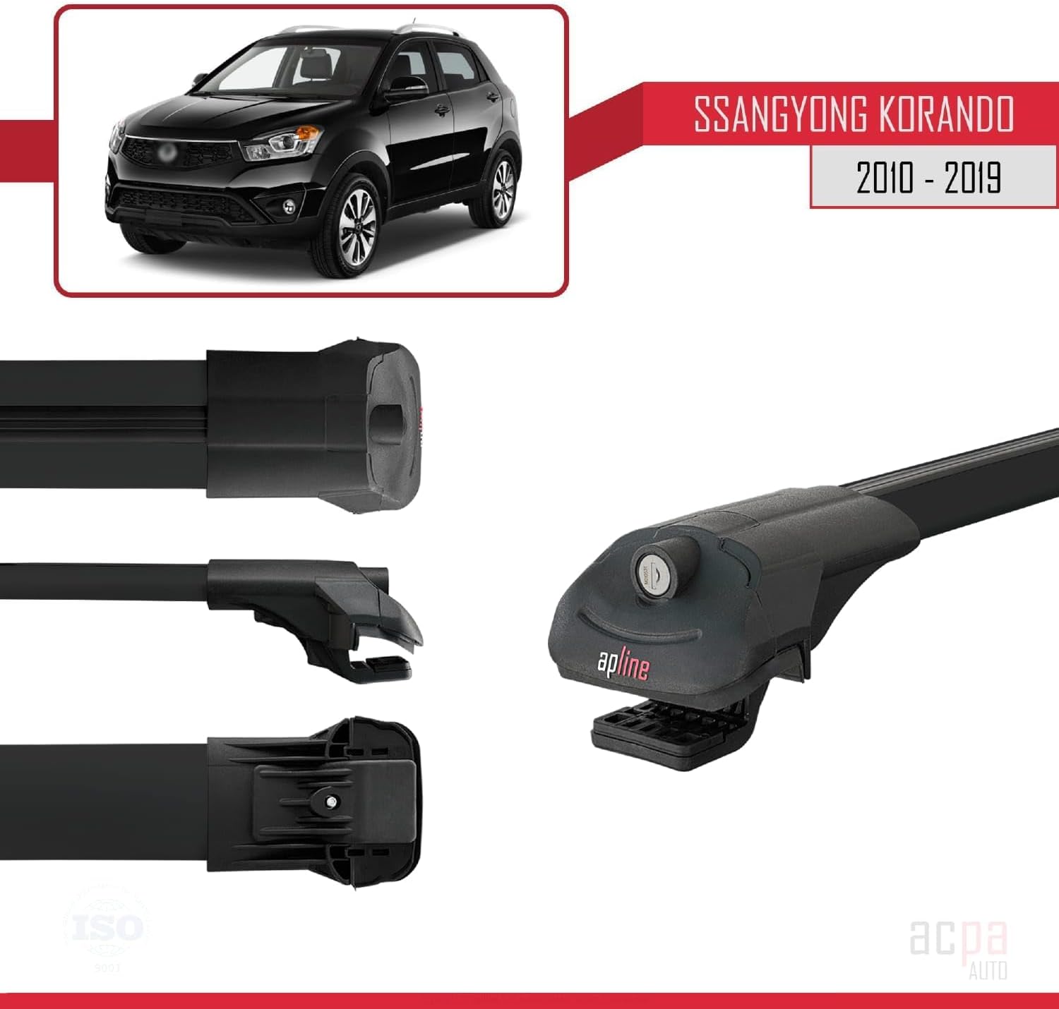 Compatible with SsangYong Korando (C) 2010-2019 ACE-1 Roof Rack Luggage Carrier Black