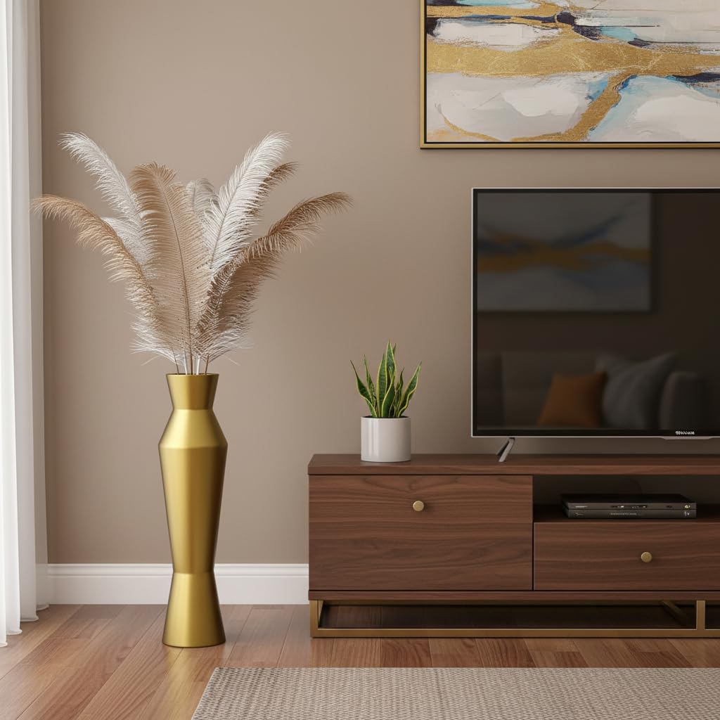 Large Gold Floor Vase, 23.6in Tall Decorative Vase with Weighted Bottom, Shiny Metallic Gold Finish - 4.7in Opening Wide Vase for Dried Pampas Grass, Feathers, Faux Flowers, Modern Home Decor