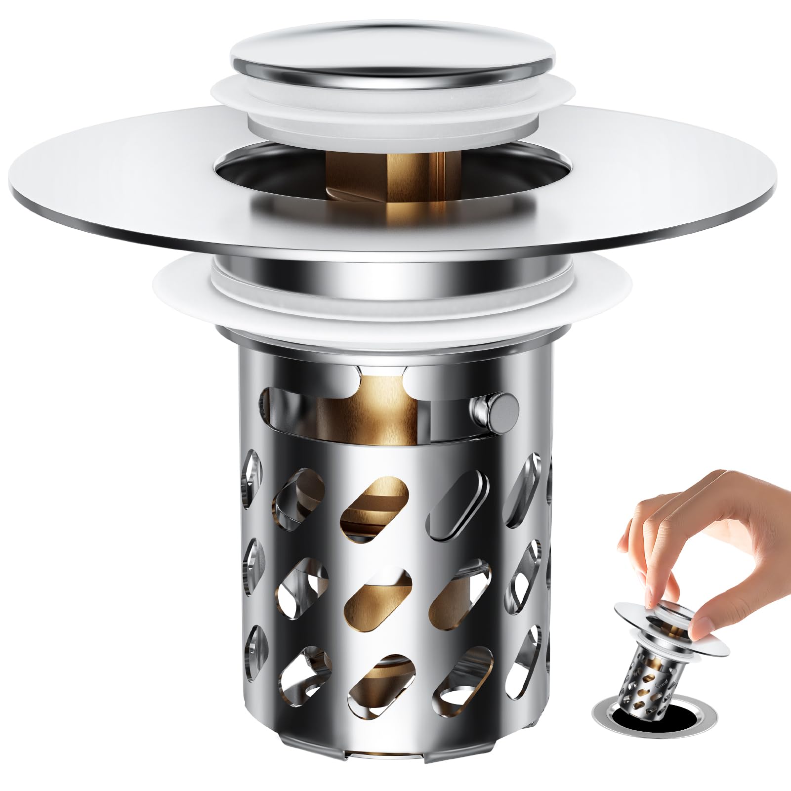 Upgraded Bathroom Sink Stopper Drain Strainer for 1.1-1.45 Inch, Brass Bullet Core, All Metal Cover, Pop Up Stainless Steel Drain Filter with Basket Hair Catcher, Cross Bore