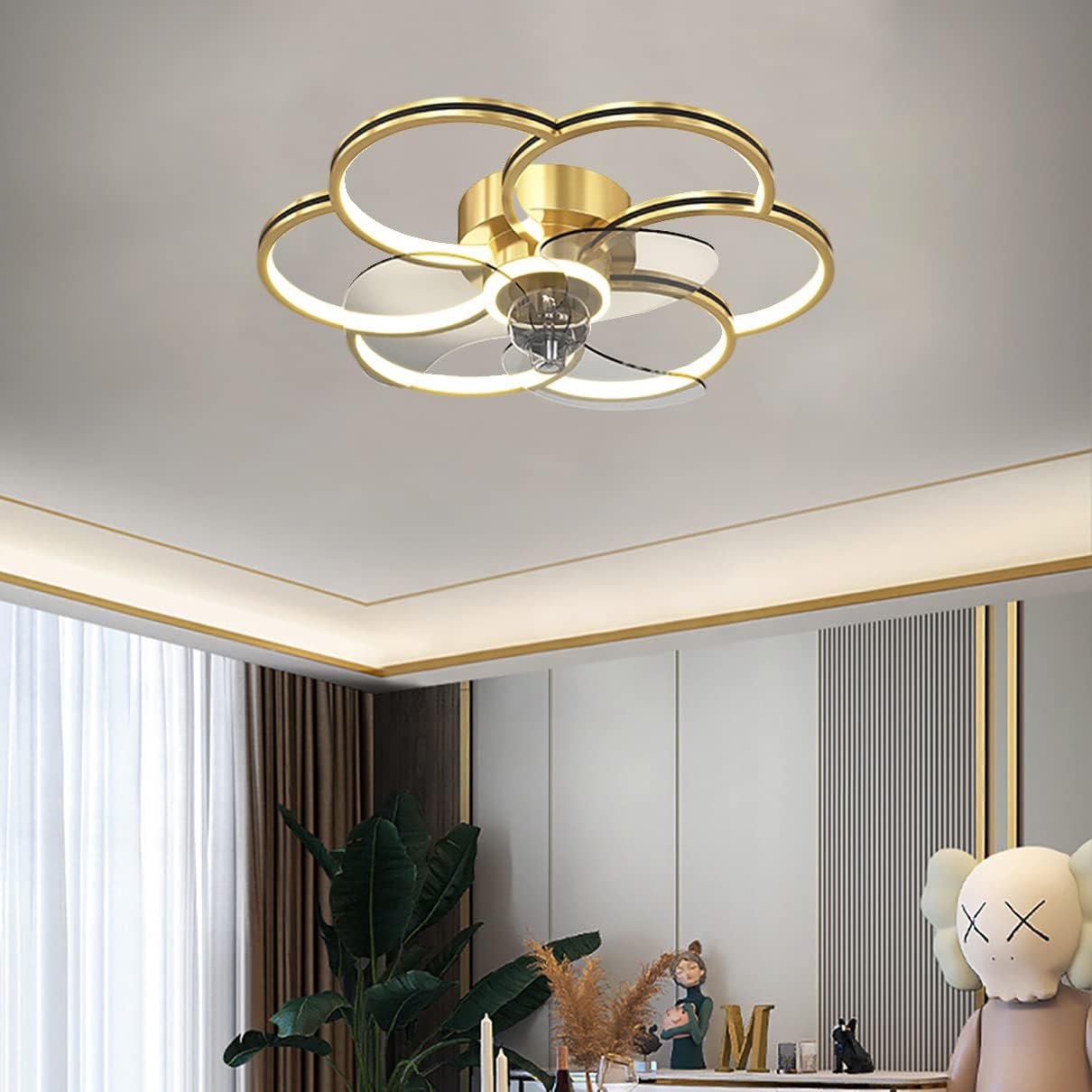 YUEGOO Ceiling Fans with Lamps,Bedroom Led Dimmable 3 Speeds Flower Type Fan Ceiling Light with Remote Control Modern Living Room Silent Ceiling Fan Light/D