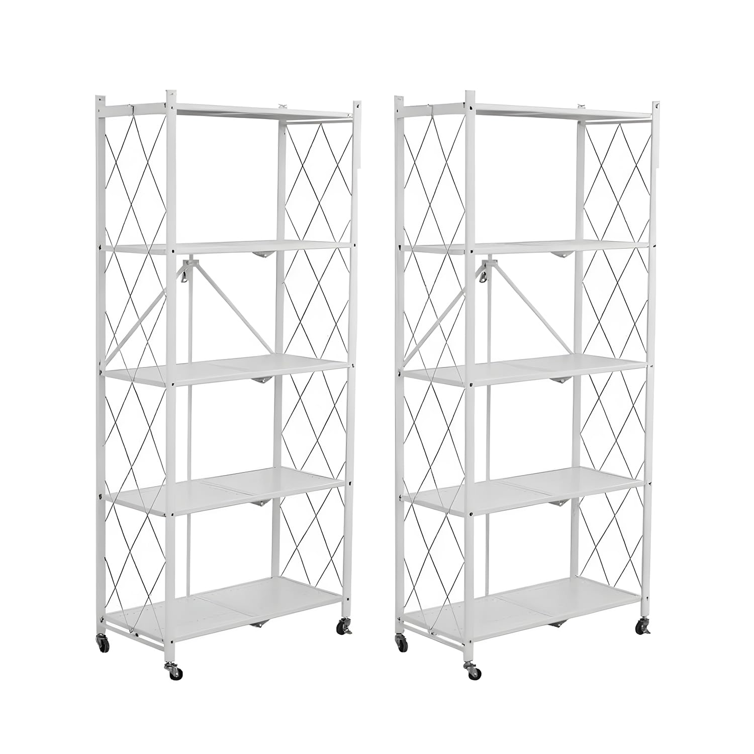 Lot de 2 étagères de rangement pliables à 5 étages en métal avec roulettes - 100 kg - Pour cuisine, salle de bain, salon - Blanc