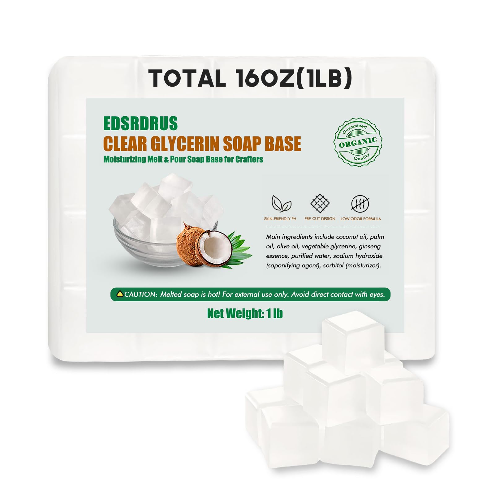 EDSRDRUS 1LB Unscented Glycerin Soap Base DIY Handmade Soap Moisturizing Melt and Pour Soap Base for Crafting, Vegetable Glycerin & Coconut Oil, Easy to Cut (Transparent, 1LB)