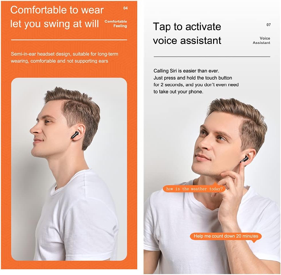 TWS Wireless Earphones Bluetooth V5.1 Earbuds Headphones HiFi Stereo CVC8.0 Noise Cancelling Headset in-Ear Low Latency - Built in Mic,Black