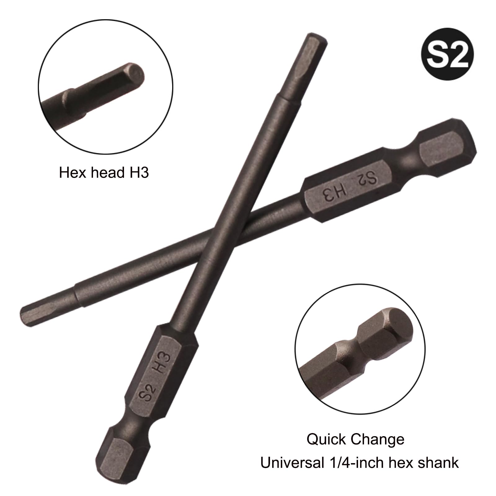 HARFINGTON H3.0 Hex Screwdriver Bits - 2pcs Magnetic S2 Steel 1/4 Hex Shank Drill Bits