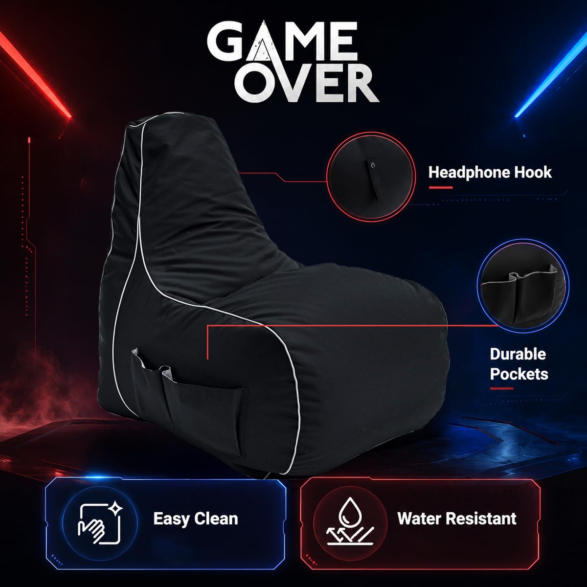 Game Over Mini Fauteuil Pouf de Jeu pour Enfants 8-Bit | Salle de Jeux Intérieure Fauteuil Gamer | Poches Latérales pour Manettes | Support de Casque | Conception Ergonomique (Fumée Cosmique)