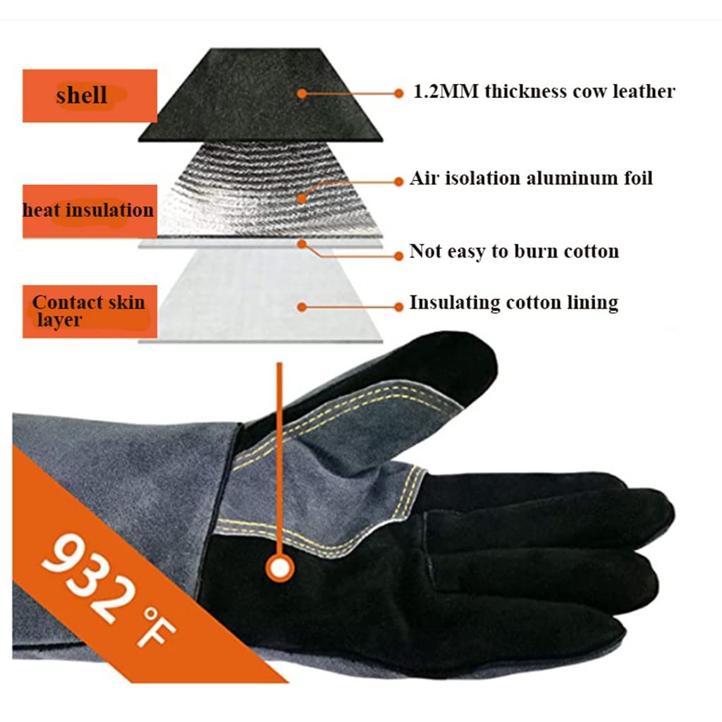 Schweißerhandschuh aus Rindsleder Hitzebeständig Dauerhaft Widerstandsfähiges Leder Handschuhe Schmieden Langarm für BBQ-Küchenofen,Camping, Grillofen Kochen (Color : Black)