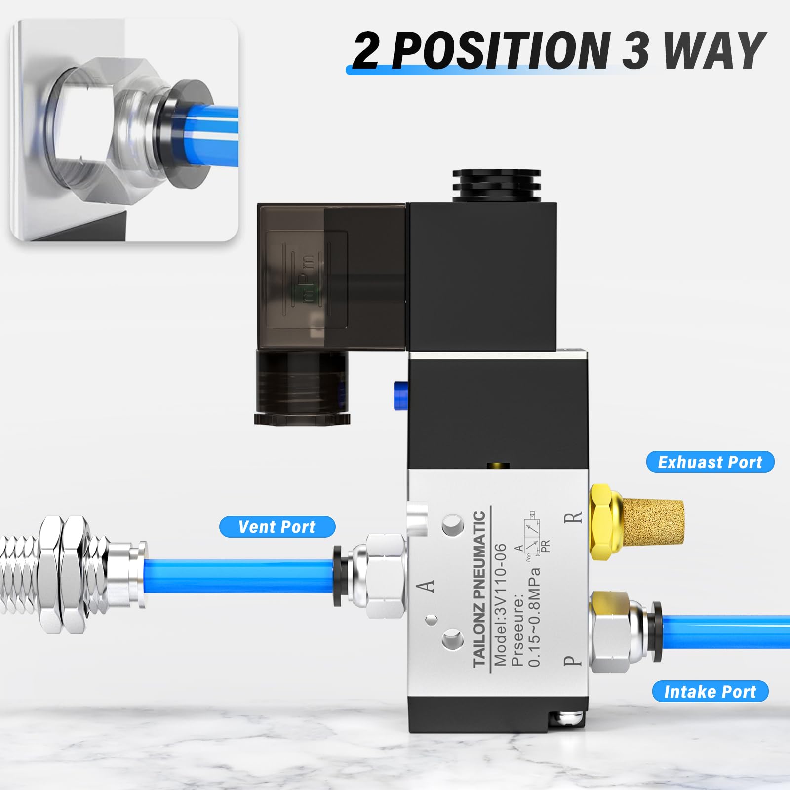 TAILONZ PNEUMATIC 1/8 BSP Magnetventil 3V110-06 DC12V – 2/3-Wege, Pilotgesteuert, Mit Handhebel, Ausgangsdraht – Für Luft, Wasser, Öl