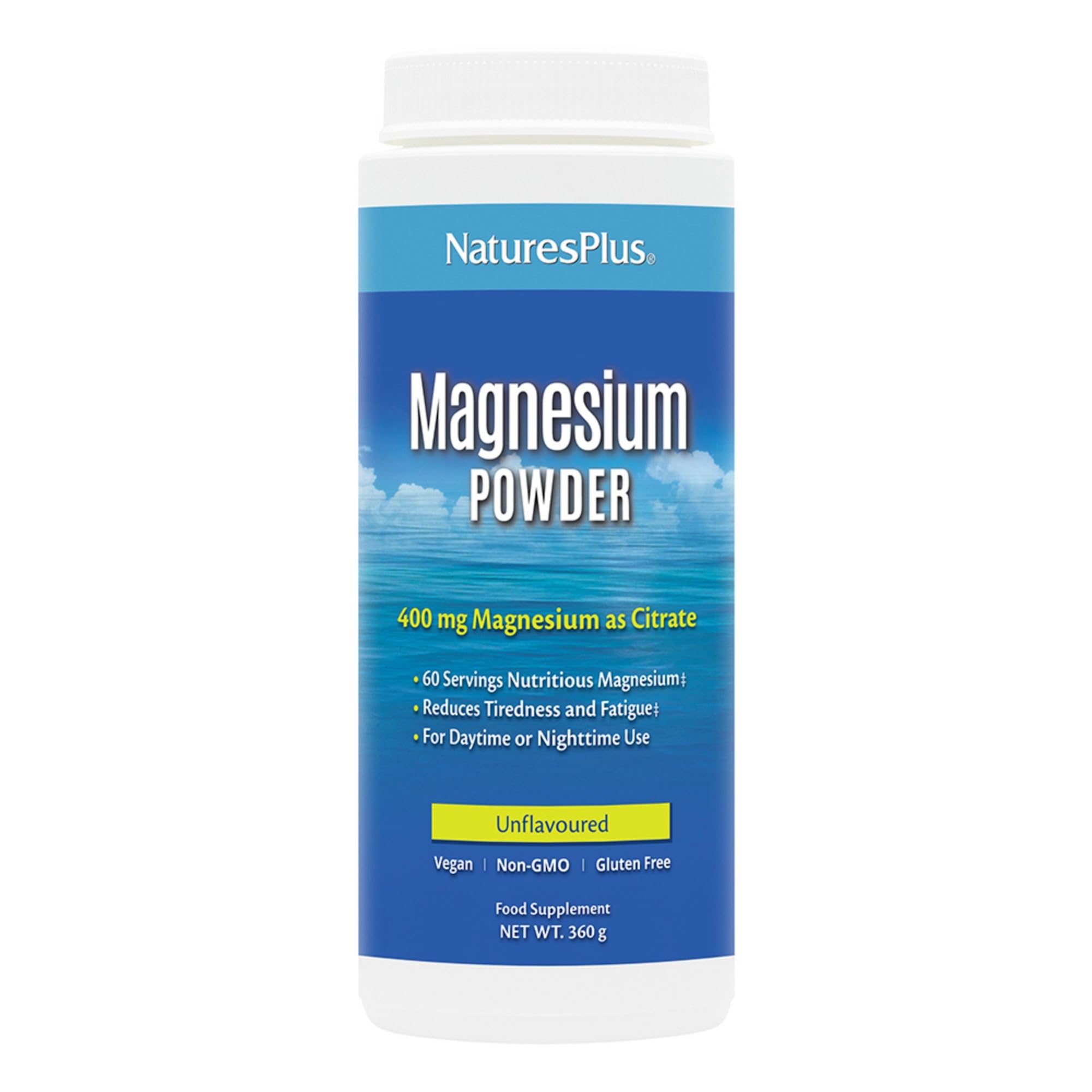 NaturesPlus Magnesium Powder Unflavoured - Gentle Magnesium Citrate Supplement for Night and Day - Energy and Stress Relief - Vegan, Gluten Free - 60 Servings