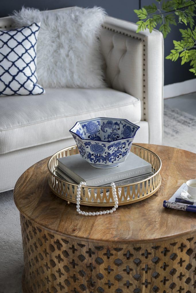 T2 Concept 100% Porcelain D10x6 Traditional Oriental Blue and White Decorative Bowl Floral Pattern Hand Painted For Formal Dining Room Living Room Bedroom
