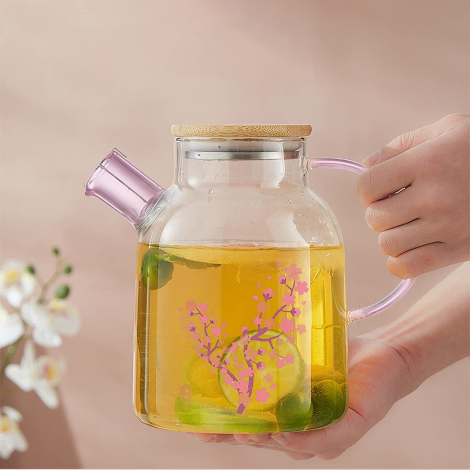 Karafka na wodę Szklany czajnik na zimną wodę Kubek Ciepło Kubek do herbaty Ciepło Przezroczysty Kubek Różowa Mata do czajnika Wygodny uchwyt Ice Tea Dzbanek (Kolor: